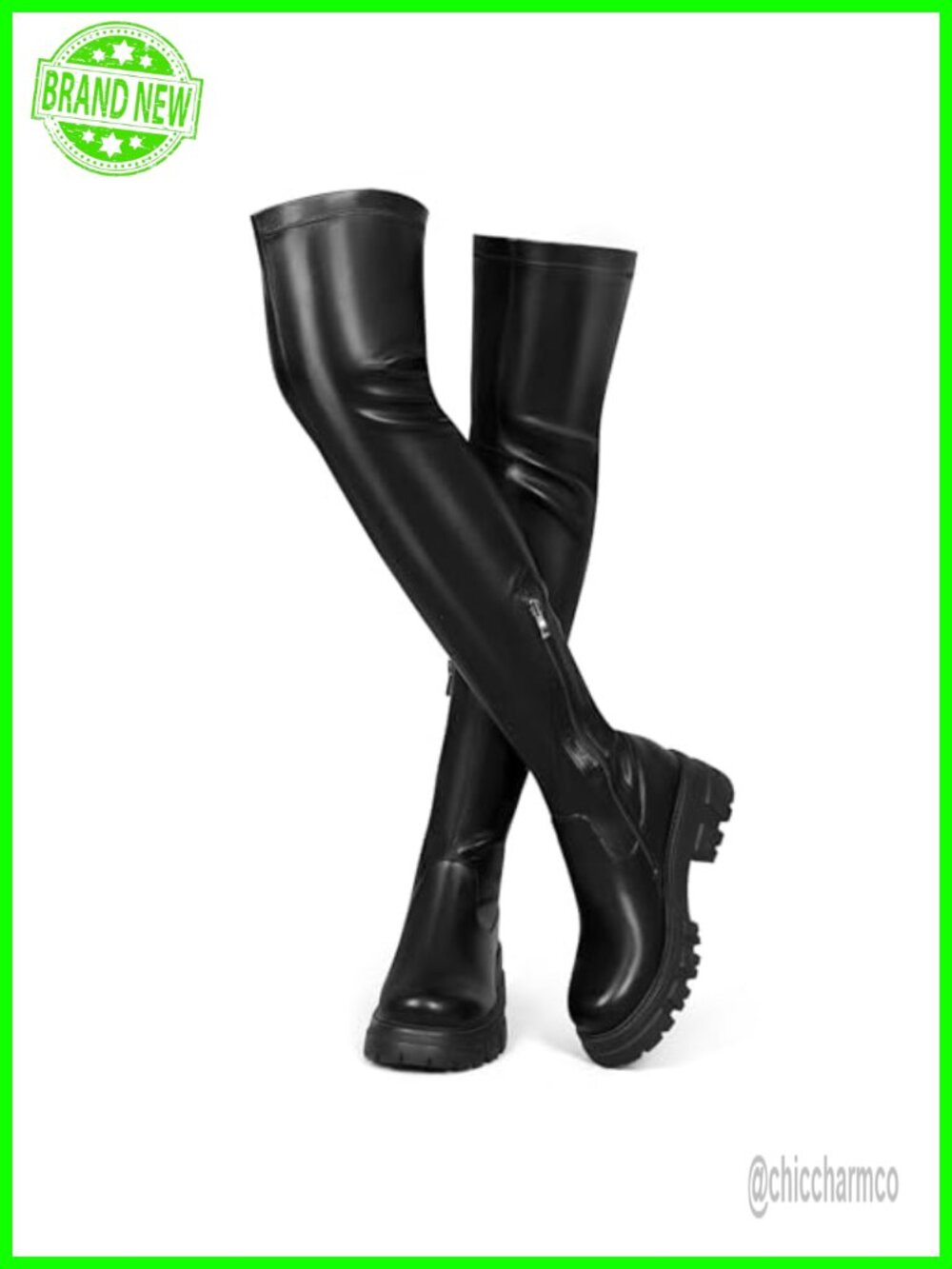 Faux Leather Over the Knee Thigh High Boots Stretch Block Heel Round Toe